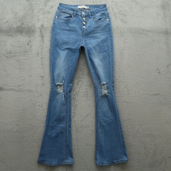Celebrity Ace Jeans Juniors 7 Blue Mid-Rise Flare Denim 31.5" Inseam Distressed - Picture 1 of 16